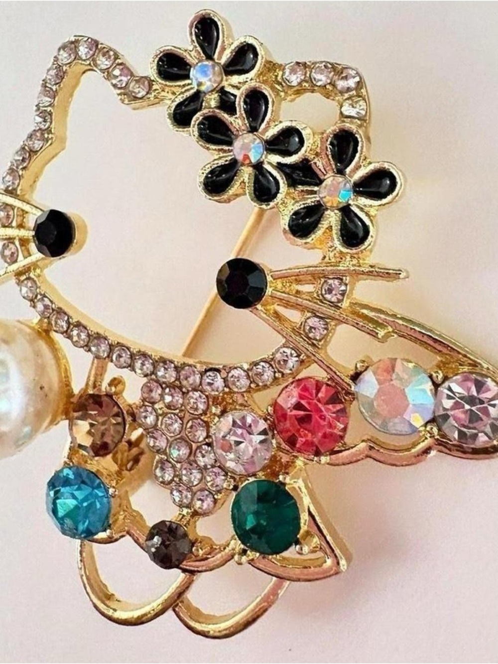 Gold-Tone Hello Kitty Floral rhinestoneBrooch - Black, Pink, Green, Blue Accents
